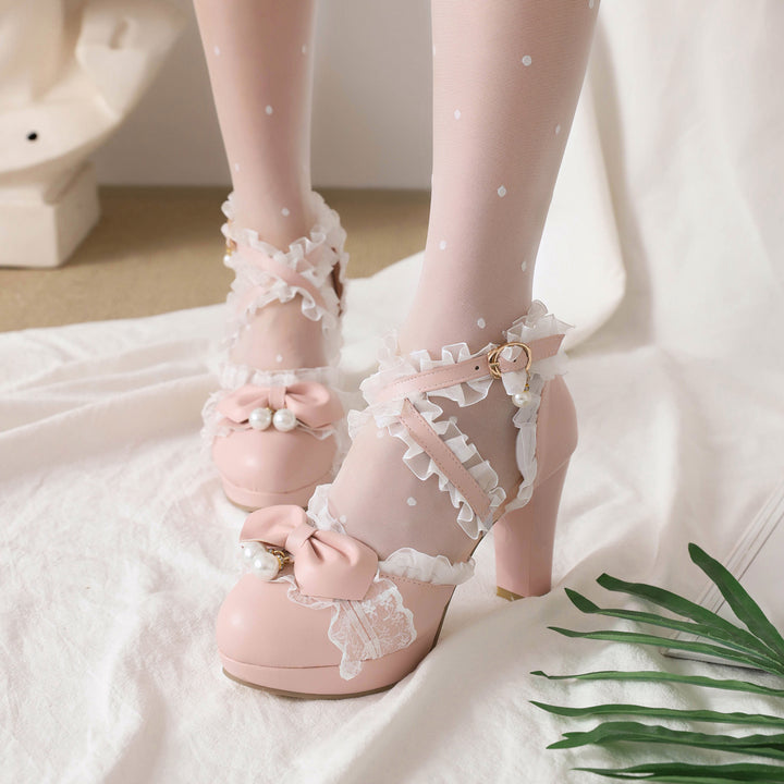 Lolita Shoes Bows Ruffles Pearls Round Toe PU Leather
