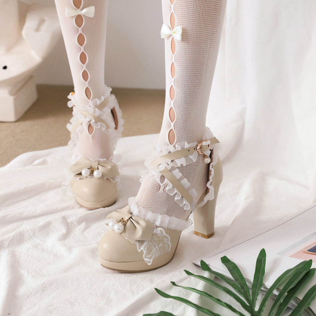 Lolita Shoes Bows Ruffles Pearls Round Toe PU Leather