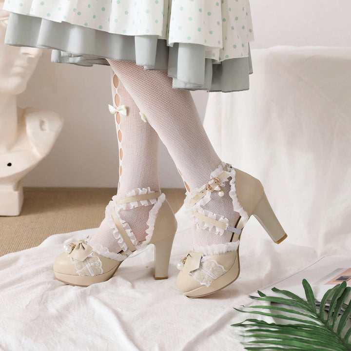 Lolita Shoes Bows Ruffles Pearls Round Toe PU Leather