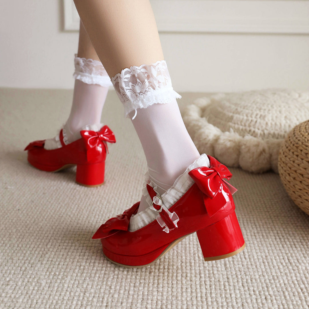 Sweet Lolita Shoes Pink Bows Chunky Heel Pumps
