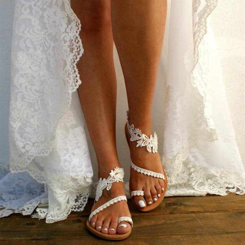 Women Bride Floral Strappy Flat White Wedding Sandals