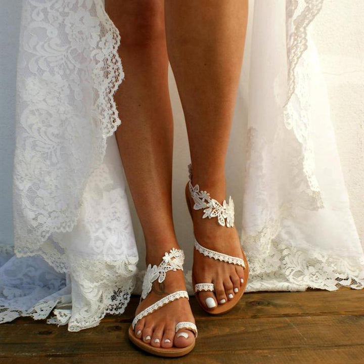Women Bride Floral Strappy Flat White Wedding Sandals