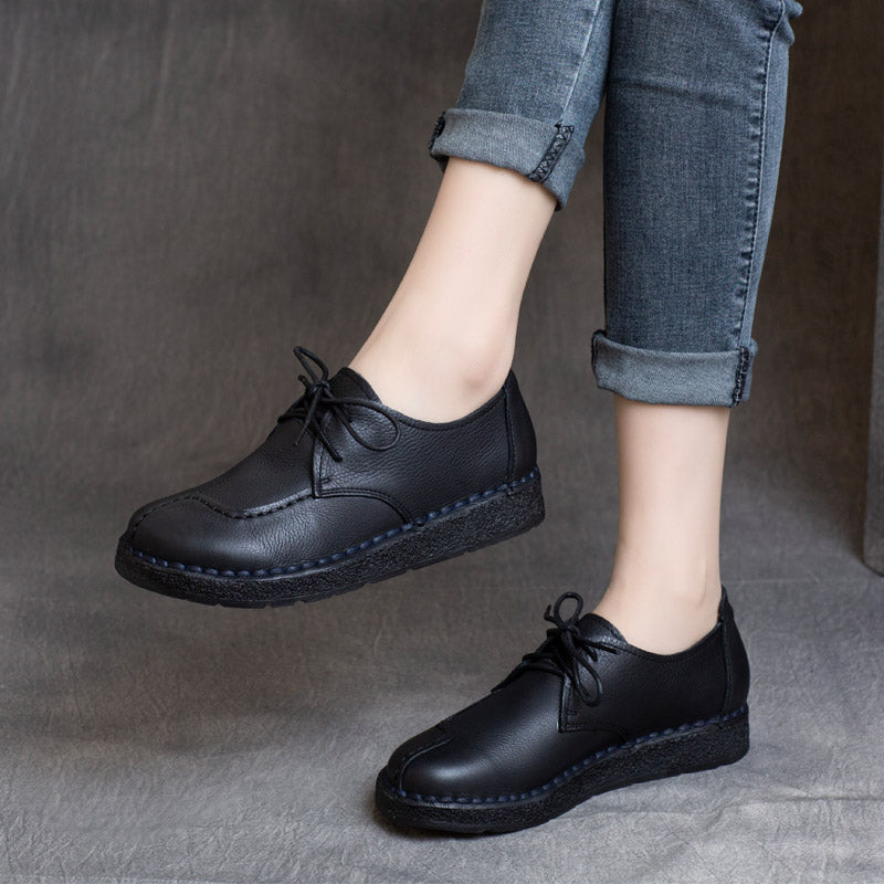 Womens Handmade Leather Vintage Lace-up Flats Shoes
