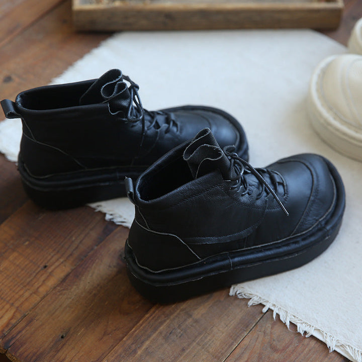 Women Leather Big Round Head Platform Casual Lace-up Boots