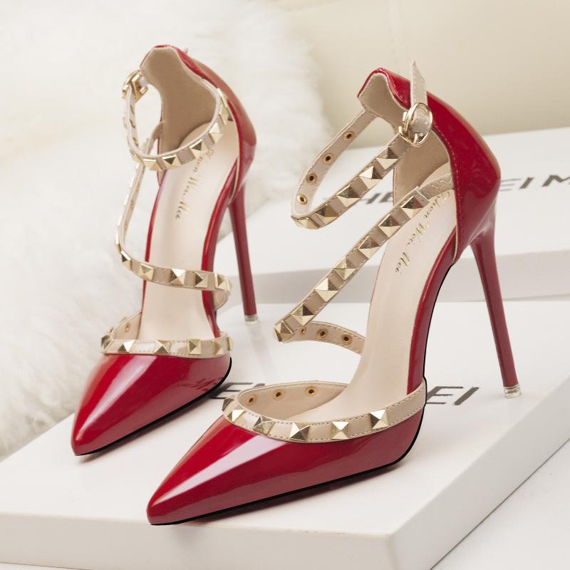 Womens Pointed Toe Strappy Studded Heels