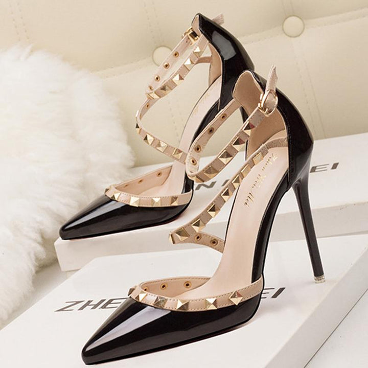 Womens Pointed Toe Strappy Studded Heels