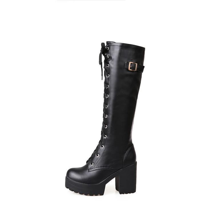 Women Platform Chunky Heel Lace Up Long Boots