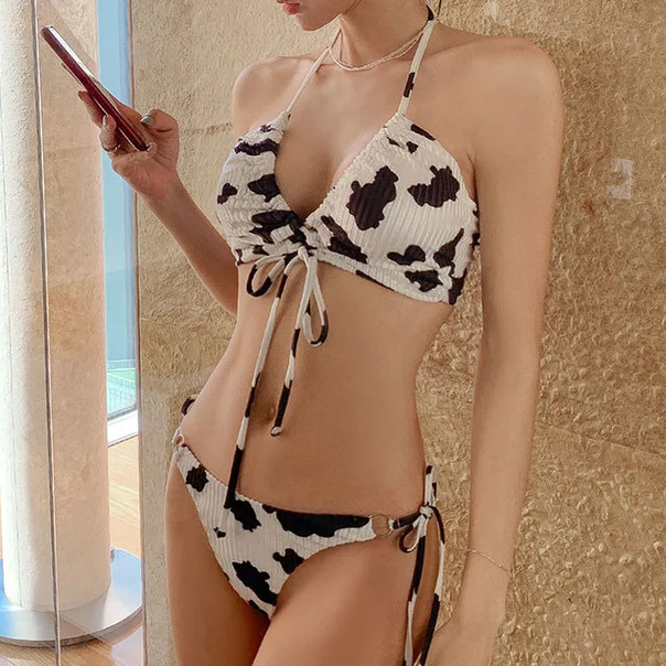 Cow Print Lace Up Bikini Swimwear
