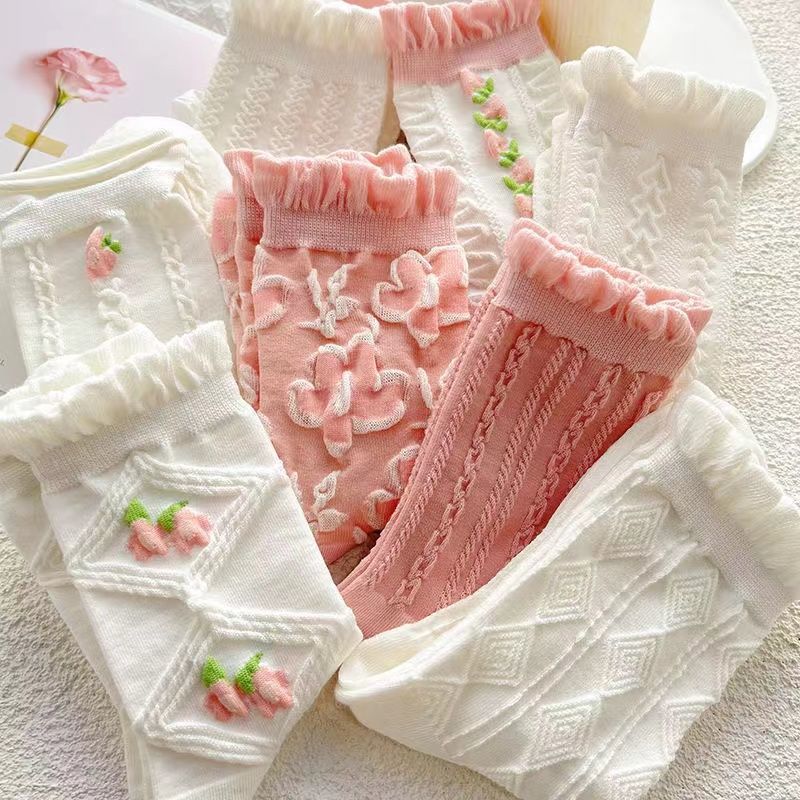 5 Pairs Pink Flower Socks for Women