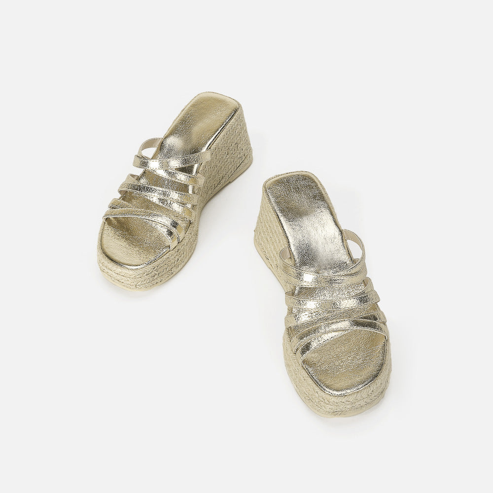 Metallic Gold Crossover Strap Espadrille Wedge Sandals Platform Slippers