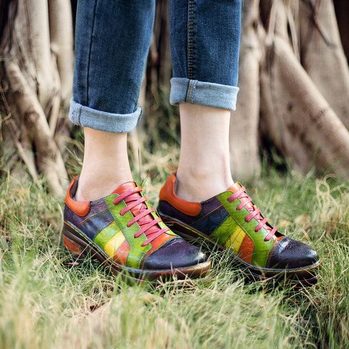 Womens Rainbow Leather Lace-up Platform Brogues Oxford Shoes