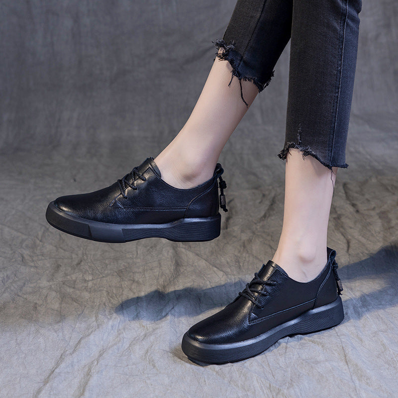 Womens Ankle Loafers Leather Round Toe Lace Up Flats Shoes