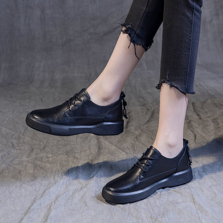 Womens Ankle Loafers Leather Round Toe Lace Up Flats Shoes