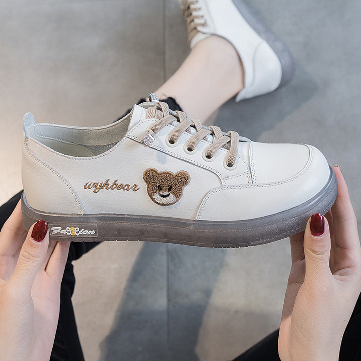 Womens Cute Bear Lace-up Leather Sneakers