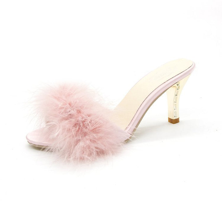 Women's Feather High Heels Peep Toe Fur Slippers Pumps Slides