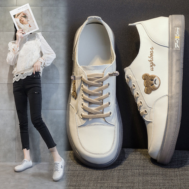 Womens Cute Bear Lace-up Leather Sneakers