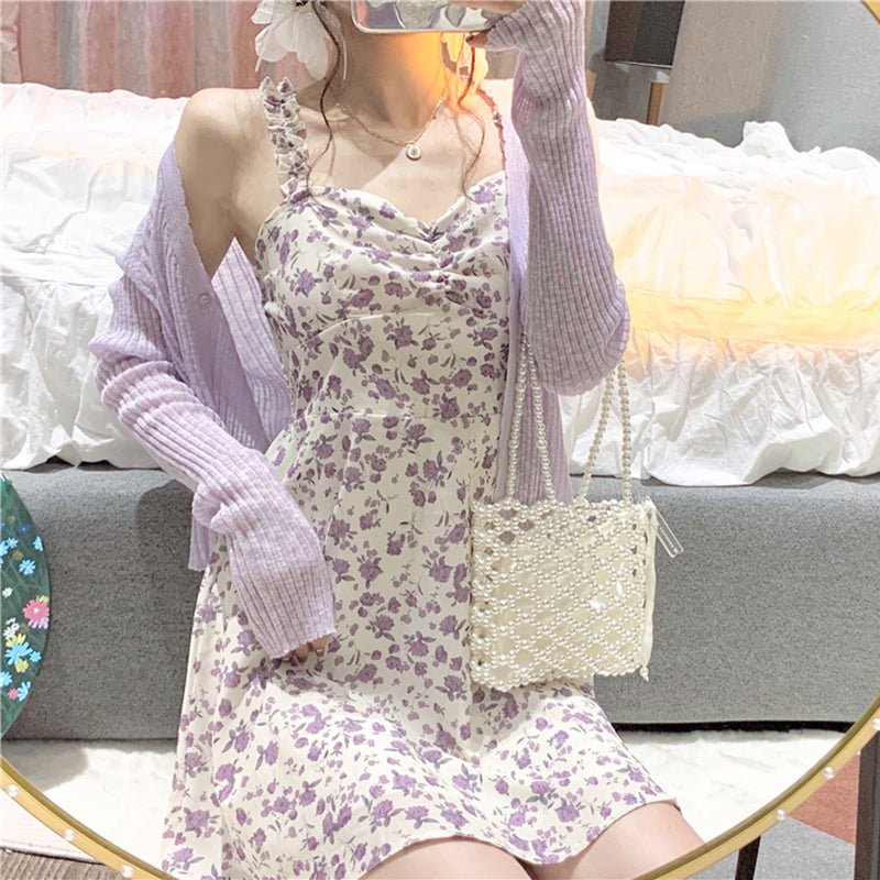 Floral Sling Mini Dress + Knit Cardigan