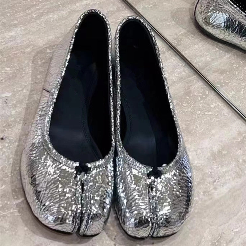 Womens Silver Satin Tabi Flat Horseshoe Granny Ballerina Shoes