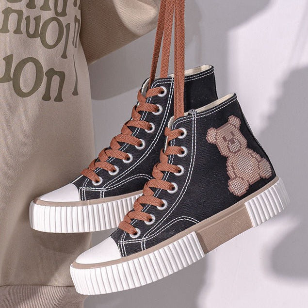 Womens Teenager Cute Bear High Top Canvas