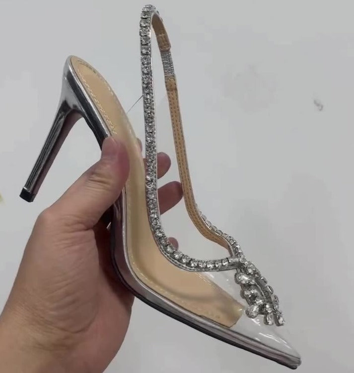 Womens Clear Heels Summer Pointed Toe Chain Sandals with Rhinestones