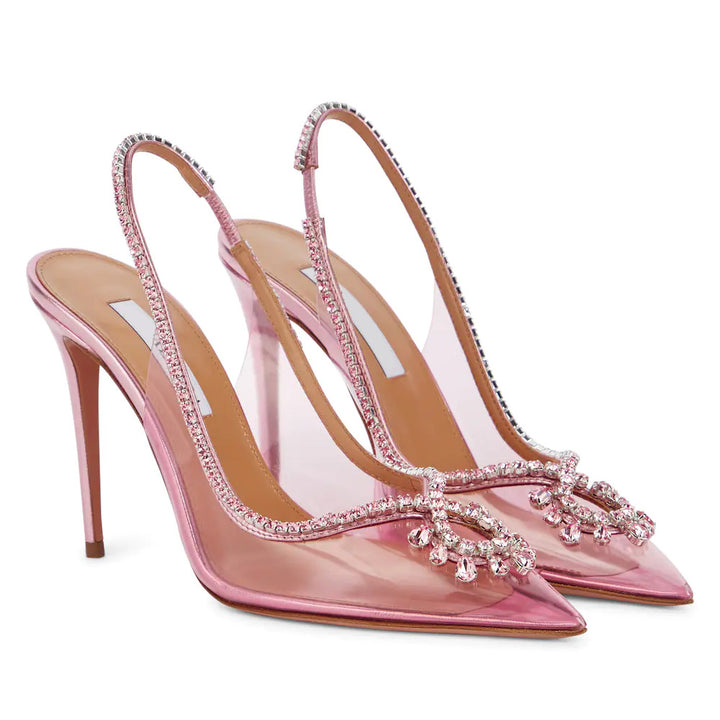 Womens Clear Heels Summer Pointed Toe Chain Sandals with Rhinestones