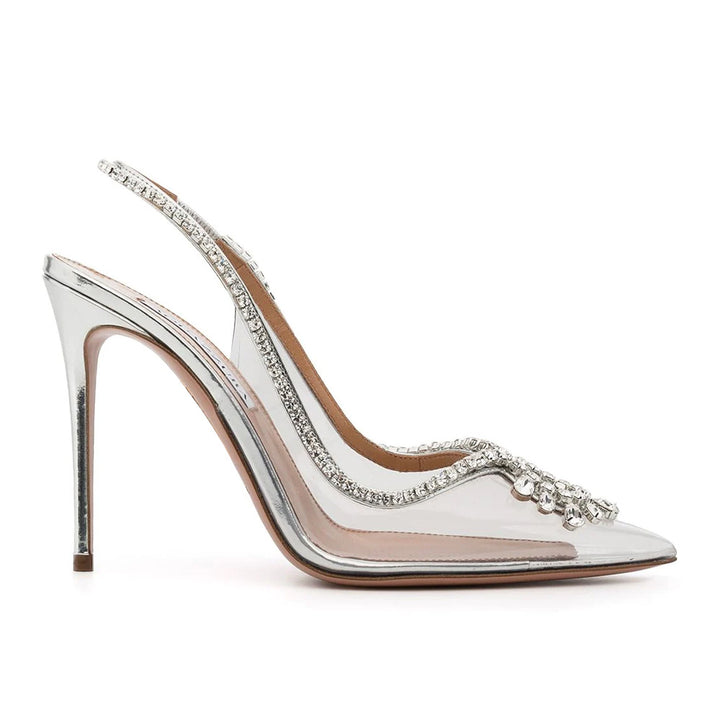 Womens Clear Heels Summer Pointed Toe Chain Sandals with Rhinestones