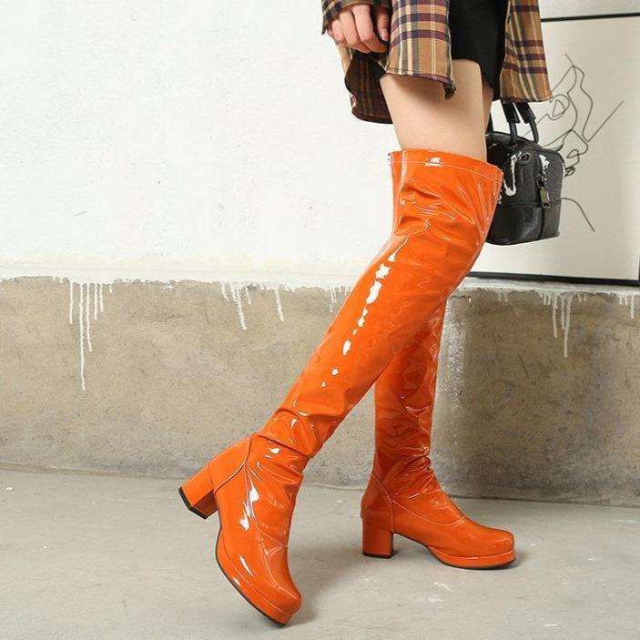 Women's Knee High Boots Patent Leather Zipper Thick Bottom High Heeled