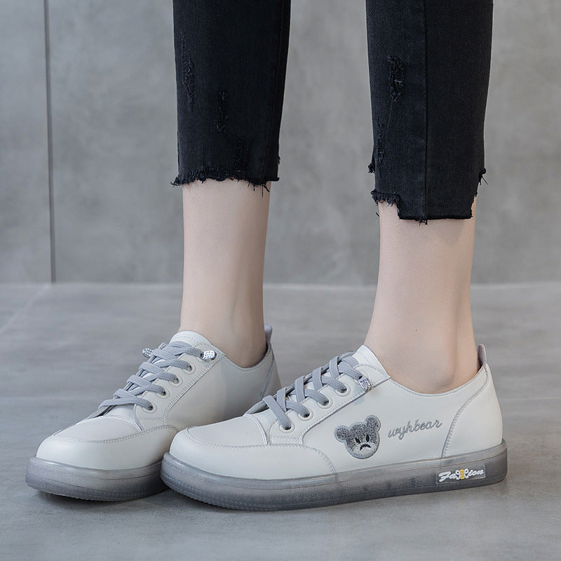 Womens Cute Bear Lace-up Leather Sneakers