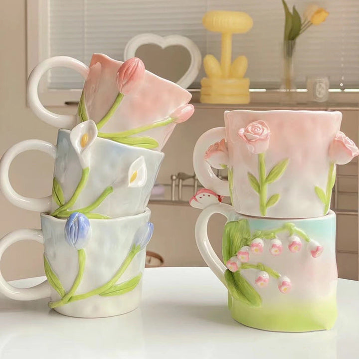 Elegant Handmade 3D Embossed Hand Painted Floral Mugs Gift