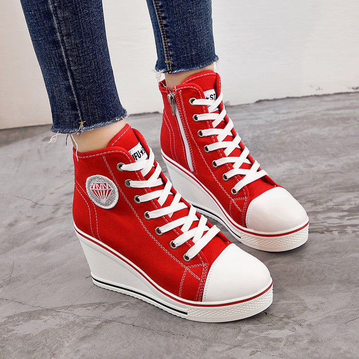 Womens Wedge Chunky Heel Casual Zipper Lace-up Canvas Shoes