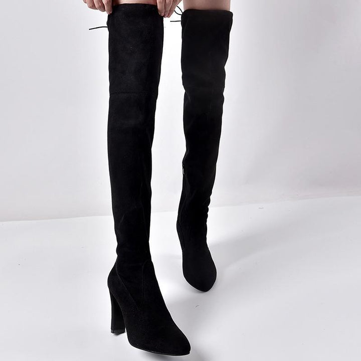 Women Elastic Zipper Pointed Toe Chunky Suede Over The Knee Boots