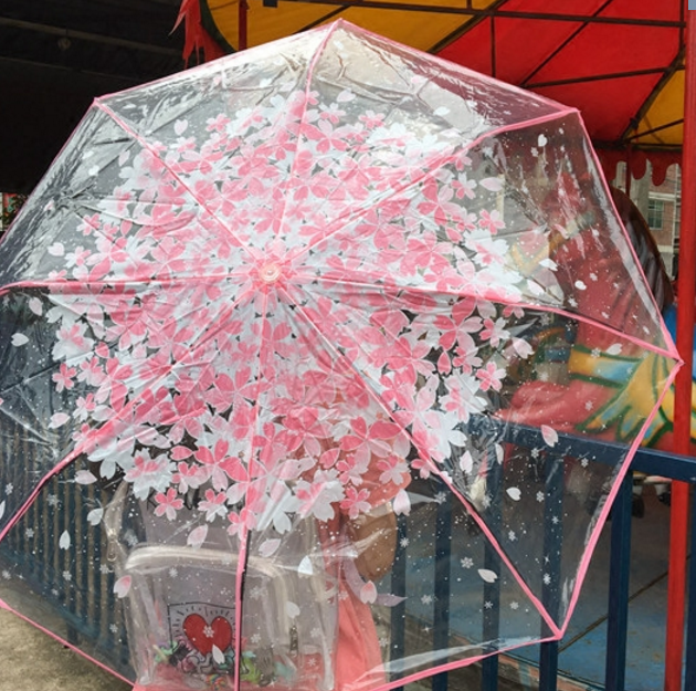 Three Fold Umbrella Transparent Clear Cherry Blossom Mushroom Sakura Folding Sunshade Rain Umbrellas