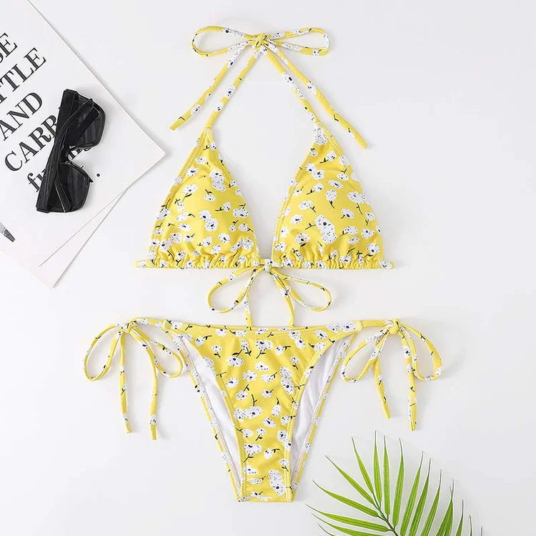 Cute Lace Up Floral Print Bikini Two Pieces Swimsuit