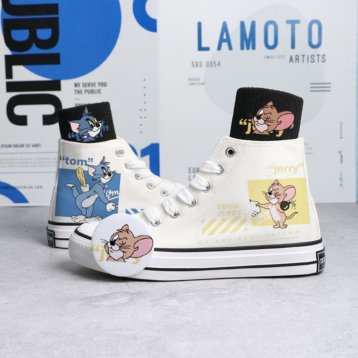 Womens Cartoon Cute Cat Mouse Print Canvas Shoes