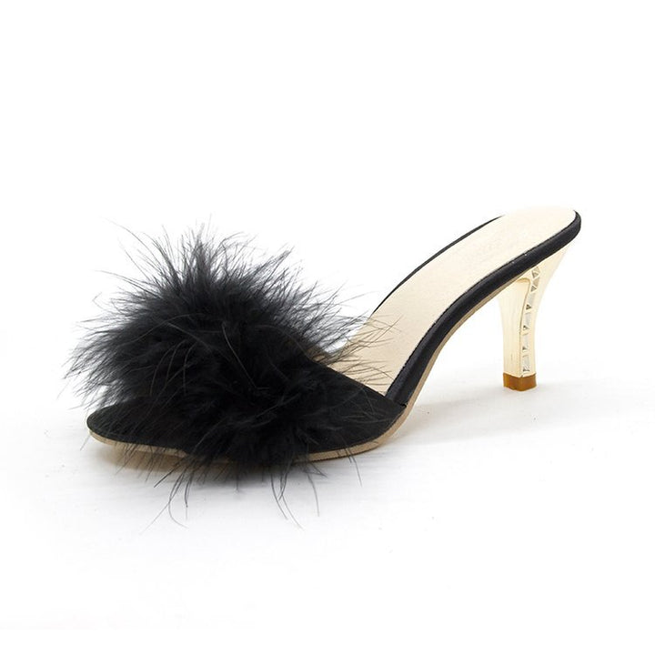 Women's Feather High Heels Peep Toe Fur Slippers Pumps Slides