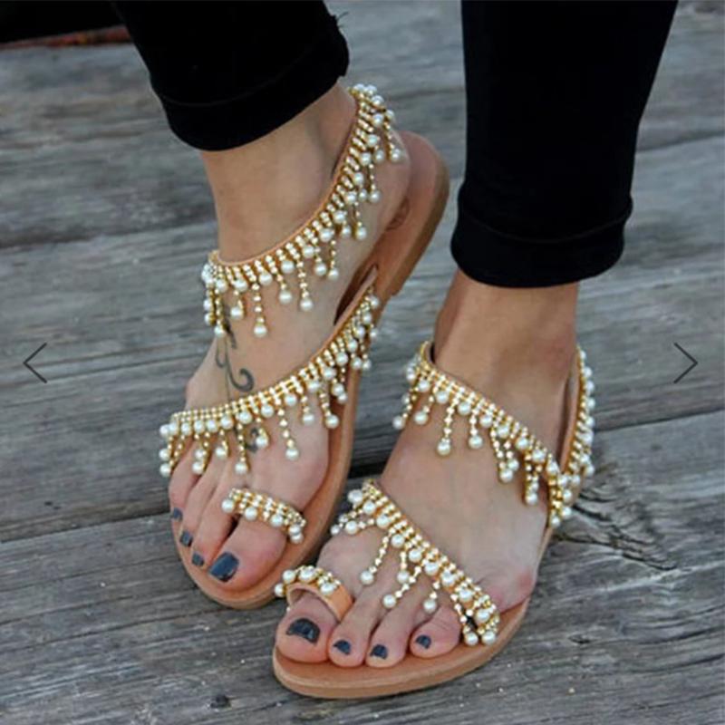 Women's Summer Pearl Tassel Flat Sandals