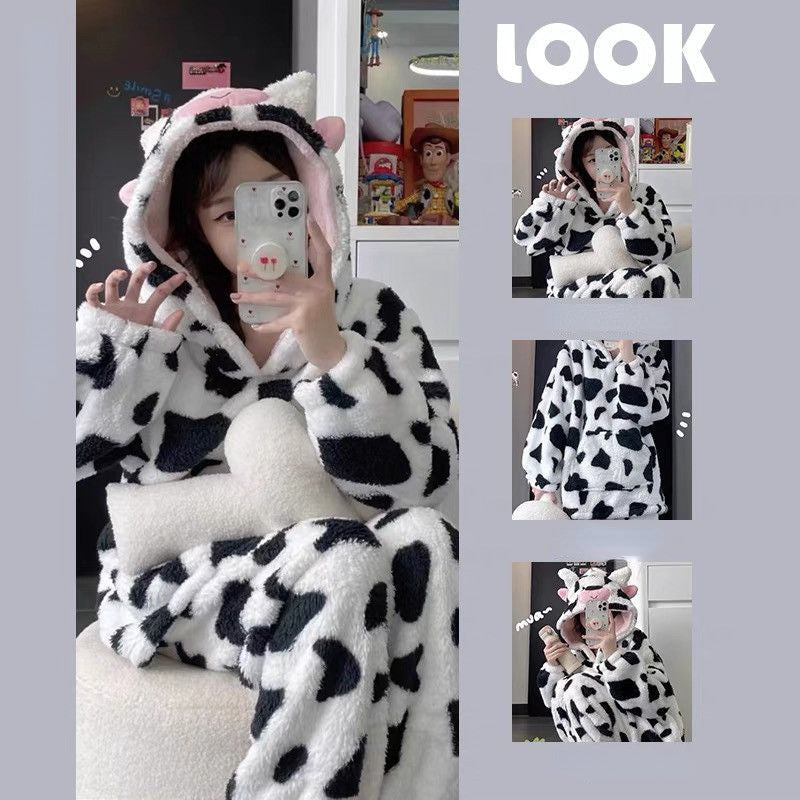 Cute Cow Print Winter Fleece Pajamas Loungewear Set