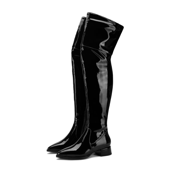 Thigh High Boots No Heel Women Patent Leather Elastic Boots Plus Size