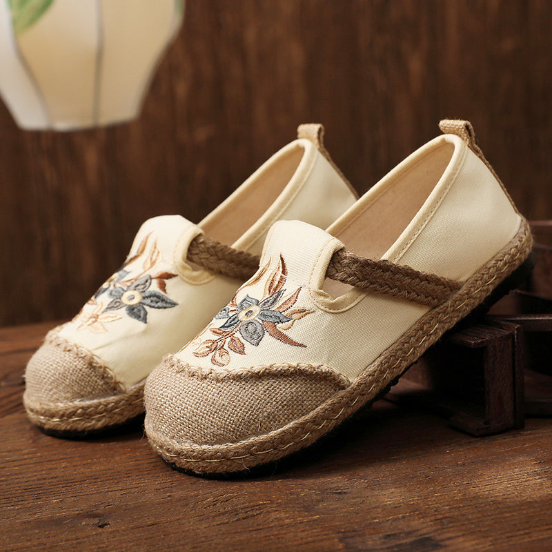 National Style Flats Slip On Shoes Embroidered Flower Woven Loafers