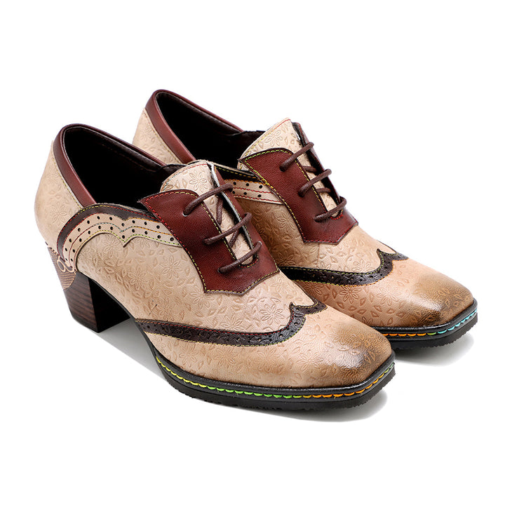 Womens Oxford Shoes Handmade Leather Old Retro Style Brogue Heels