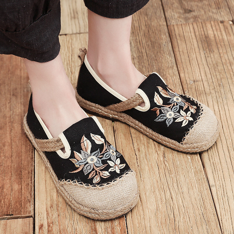 National Style Flats Slip On Shoes Embroidered Flower Woven Loafers
