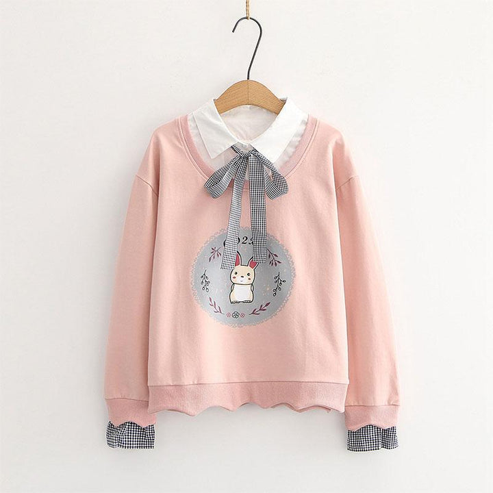 Kawaii Bow Tie Bunny Print Sweatshirt