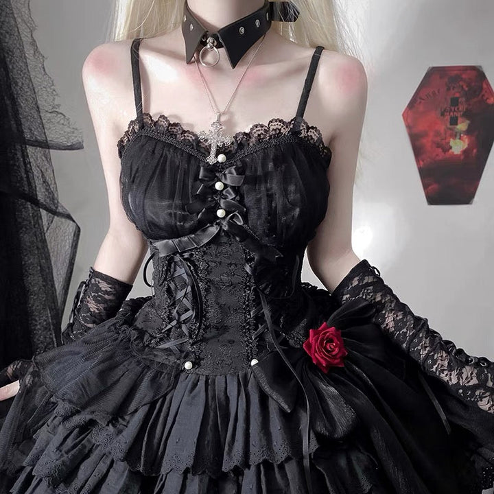 Gothic Vintage Lolita Dress Black White Adjustable Elastic