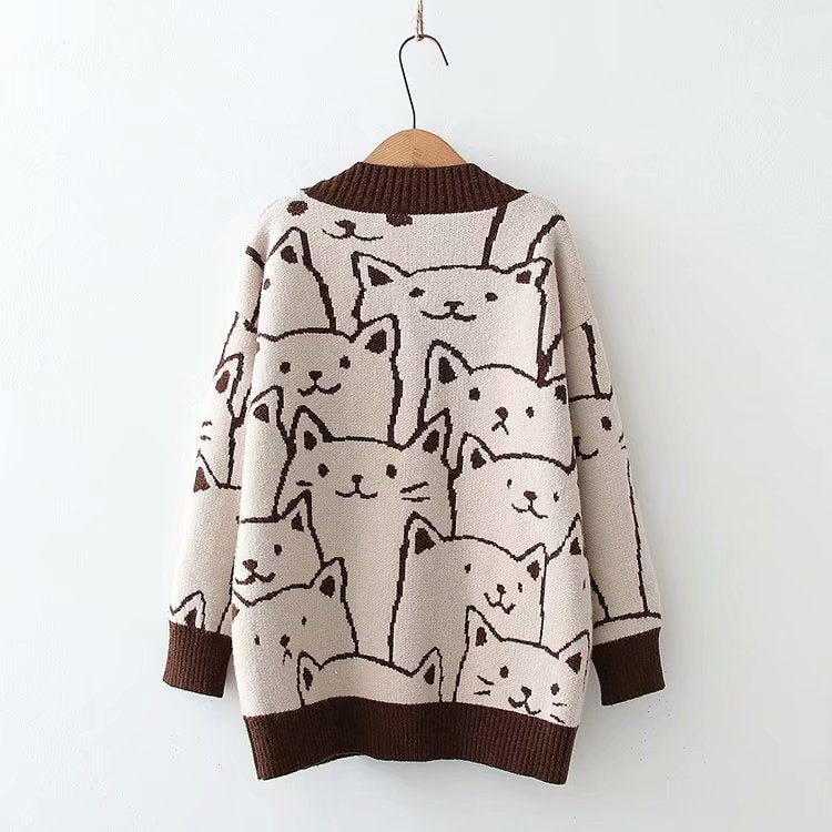 Spring Cute Cat Printed Cardigan Sweater