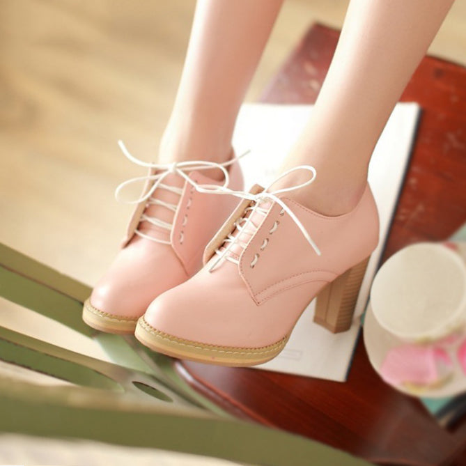 Cute Students Shoes Chunky Heel Lace up Ankle Boots