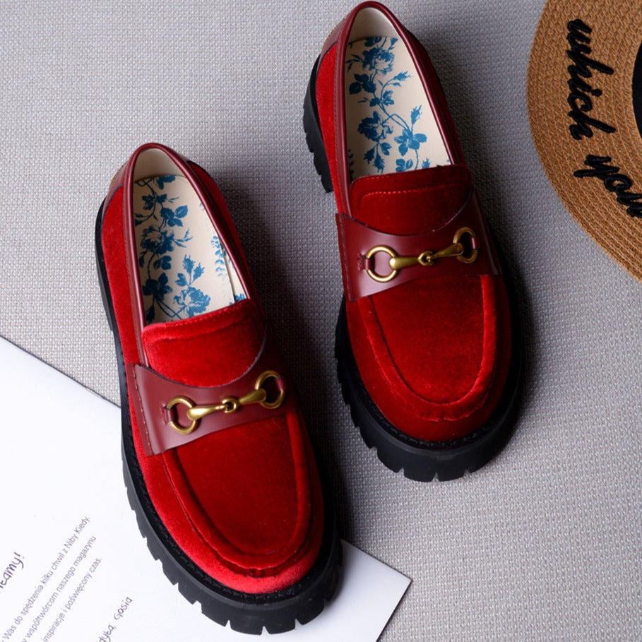 Handmade Vintage Loafers Velvet Platform Mary Jane Shoes