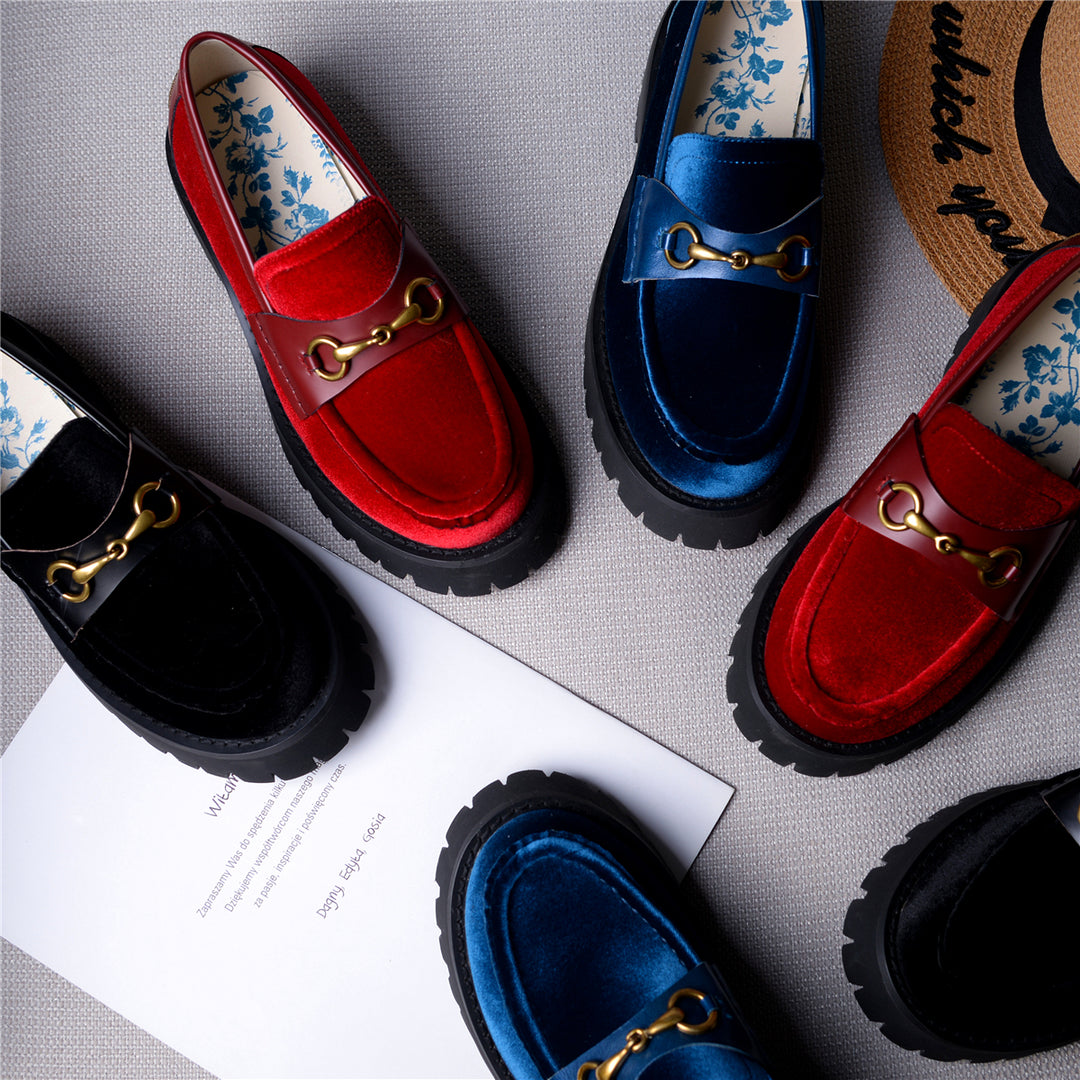 Handmade Vintage Loafers Velvet Platform Mary Jane Shoes
