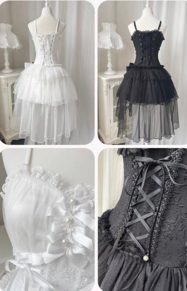 Gothic Vintage Lolita Dress Black White Adjustable Elastic