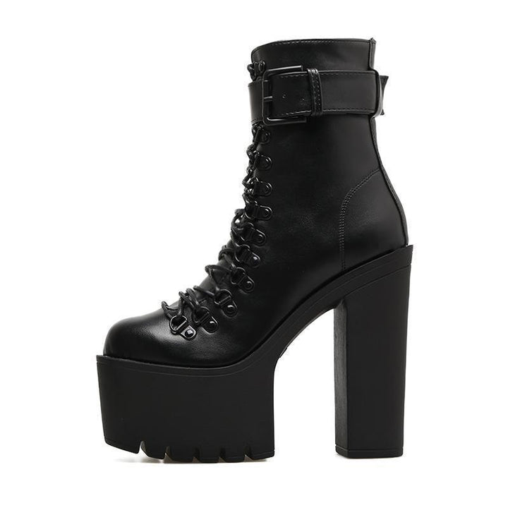 Womens Goth Lace Up Boots Platform Chunky High Heel Ankle Boots With Buckle