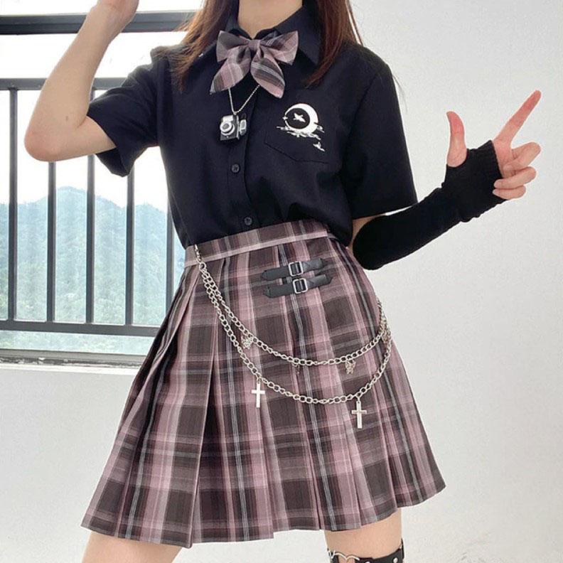 Pleated Kawaii Plaid Skirt + Short Sleeve Shirt